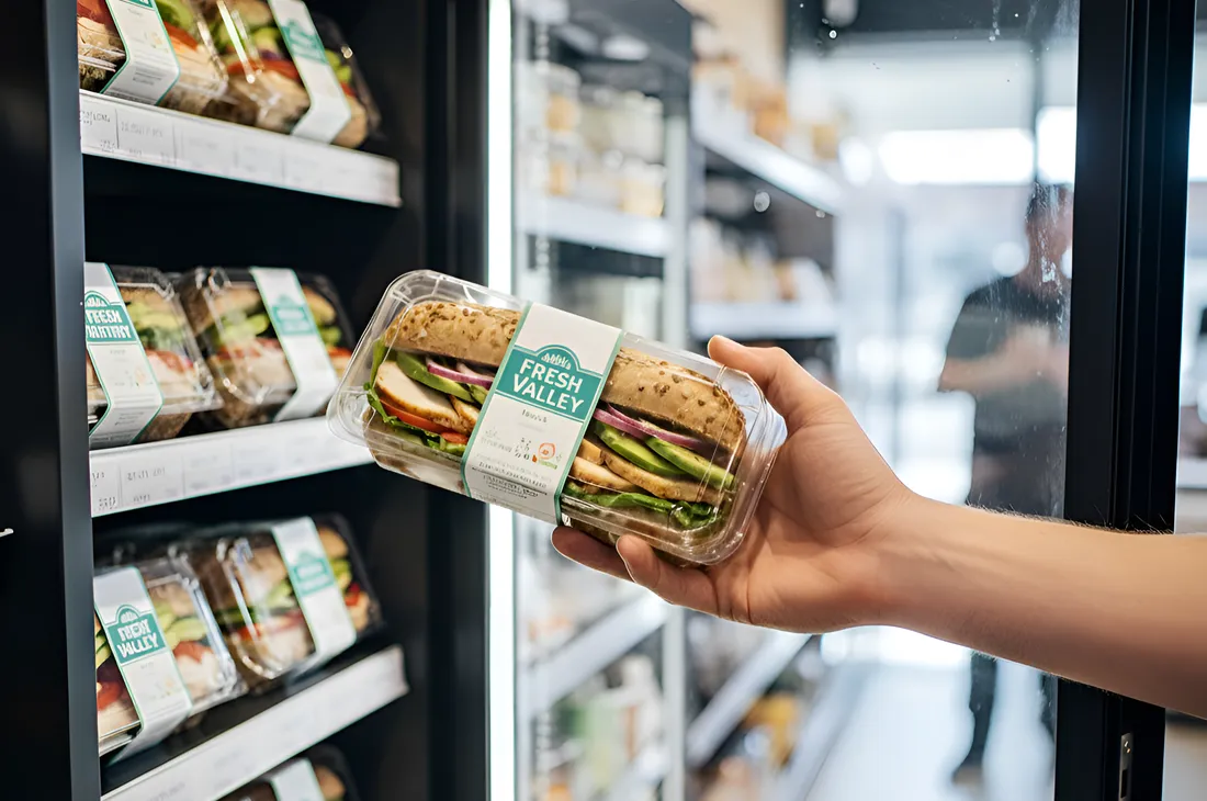 An employees taking a fresh grab-and-go meal from a smart cooler.