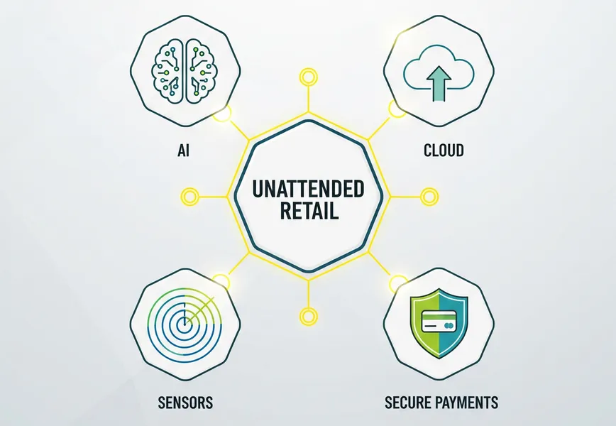 An infographic showing the self-service technology behind automated retail, including AI and cloud connectivity.
