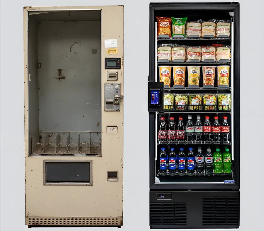 Comparison of an old, sold-out vending machine and a new, fully stocked CoolSmart AI Market by AVS Companies.