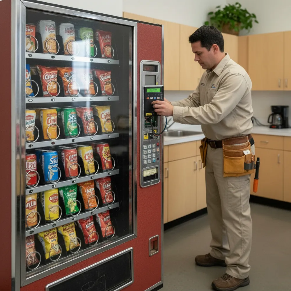 A vending machine repairman wearing a beige uniform and a tool belt is shown from the waist up, facing and working on the control panel of a red vending machine. The vending machine is full of various chips and sodas, and the scene is set in an office kitchen with light wood cabinets and a stainless steel sink.