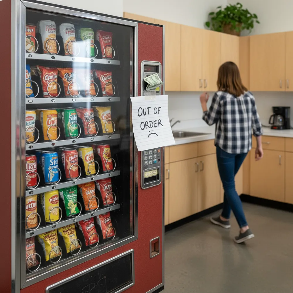 An out-of-order red vending machine is shown in an office kitchen. A white piece of paper with OUT OF ORDER and a frowny face is taped to the front of the machine. The machine appears to be broken, with a dollar bill stuck in the bill acceptor and a bag of chips hanging from the dispenser coil. In the background, a person in a plaid shirt and jeans walks away from the machine.