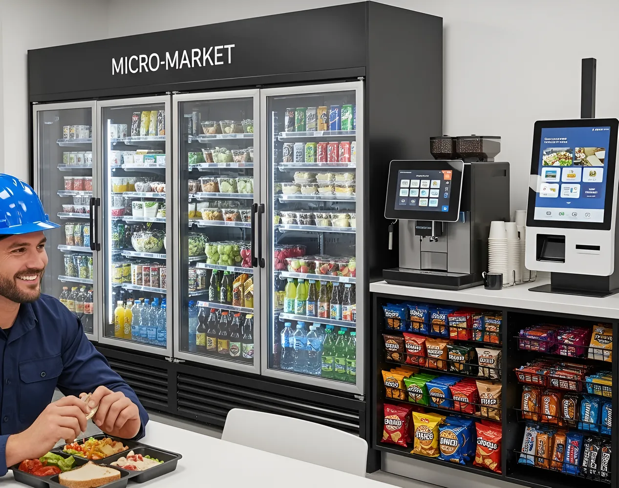 A smiling worker enjoying their lunch from a self-service micro market that features fresh foods, bean-to-cup coffee, and a self-checkout station with snacks