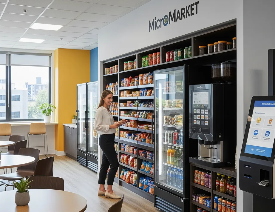 Employees smiling and choosing snacks and fresh food from a modern office micro market.