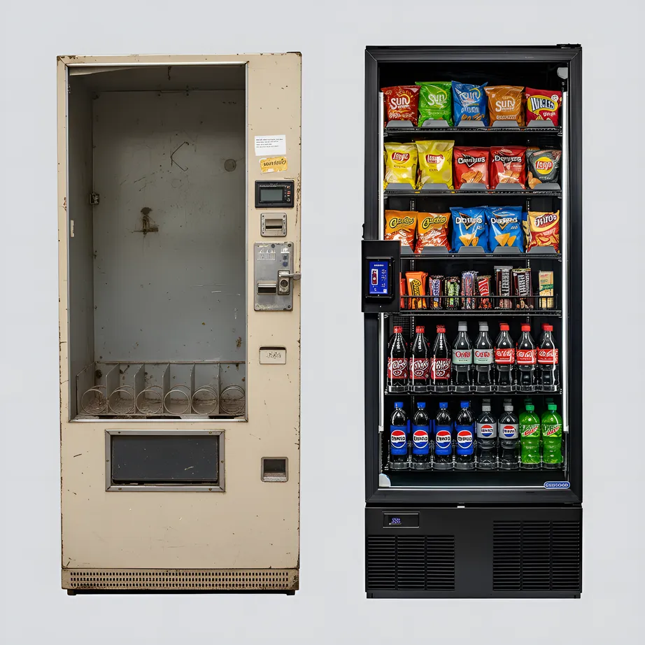 Comparison of an old, sold-out vending machine and a new, fully stocked AI-powered smart vending machine.