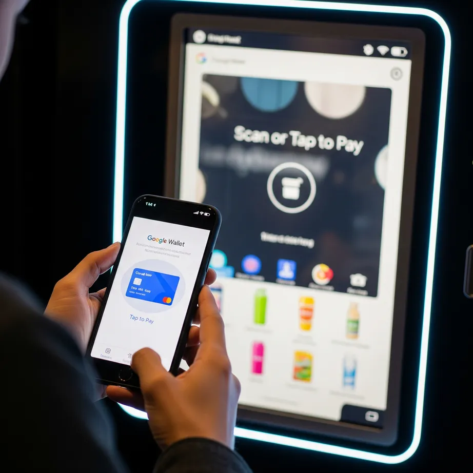 A person using cashless touchless payment at an AI-powered smart vending machine with a diverse product selection.