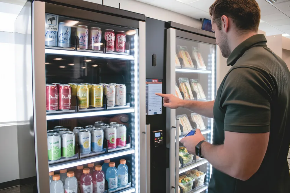 A guest making a selection at the smart store 600 duo stocked with beverages and fresh food.
